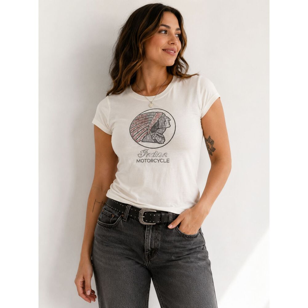 Indian Motorcycle Rhinestone Logo White T-Shirt Women's Large Biker Tee